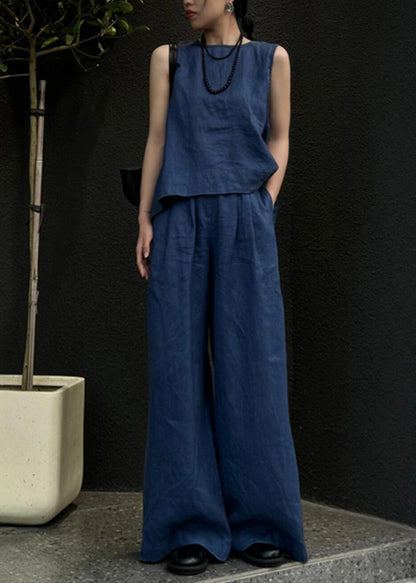 Women Blue Linen Vest And Wide Leg Pants Two Pieces Set Sleeveless AN1026