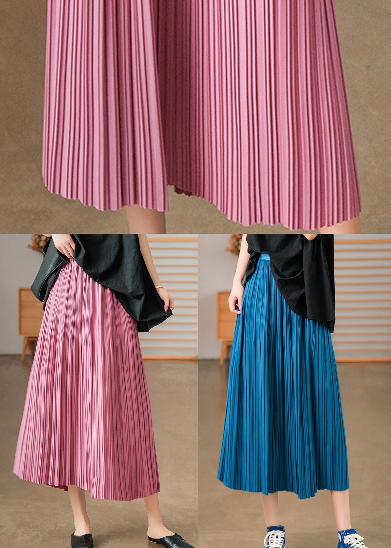 Bohemian Pink Elastic Waist Cotton Pleated Skirts AJ1008