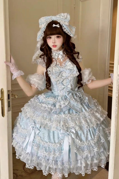 Azure Misty Moon Sleeveless Ruffled Bow Pearl Lace Sweet Princess Lolita Jumper Dress