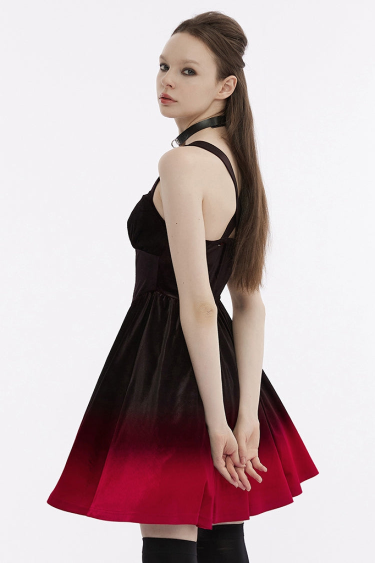 Crimson & Obsidian Sleeveless Gradient Ruffle Embroidery Gothic Dress