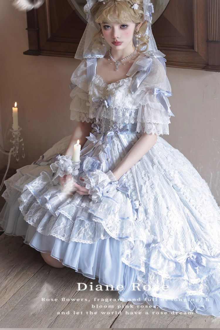 Azure Diane Rose Short Sleeve Multi-Layered Jacquard Ruffle Hanayome Cardigan Bow Lace Sweet Lolita Gown