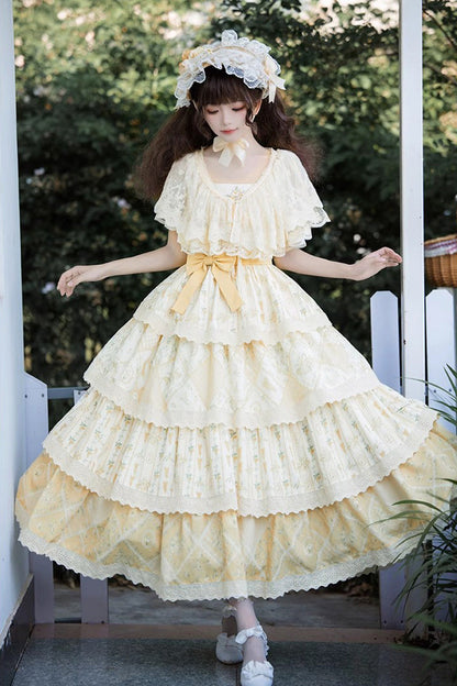 Multi-Layer Sunflower Print Ruffle Embroidery Chinese Sweet JSK