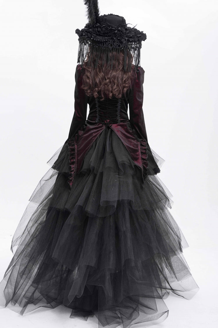 Crimson High-Neck Gothic Ruffled Blouse with Flared Sleeves and Tail Hem
