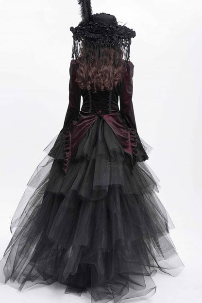 Crimson High-Neck Gothic Ruffled Blouse with Flared Sleeves and Tail Hem