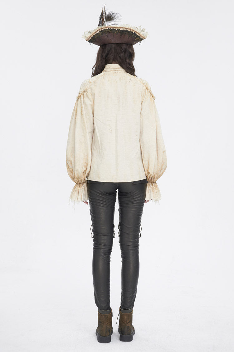 Punk Women's Blouse with Lantern Sleeves, Stand Collar & Printed Lace