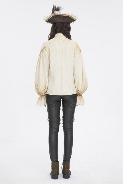 Punk Women's Blouse with Lantern Sleeves, Stand Collar & Printed Lace