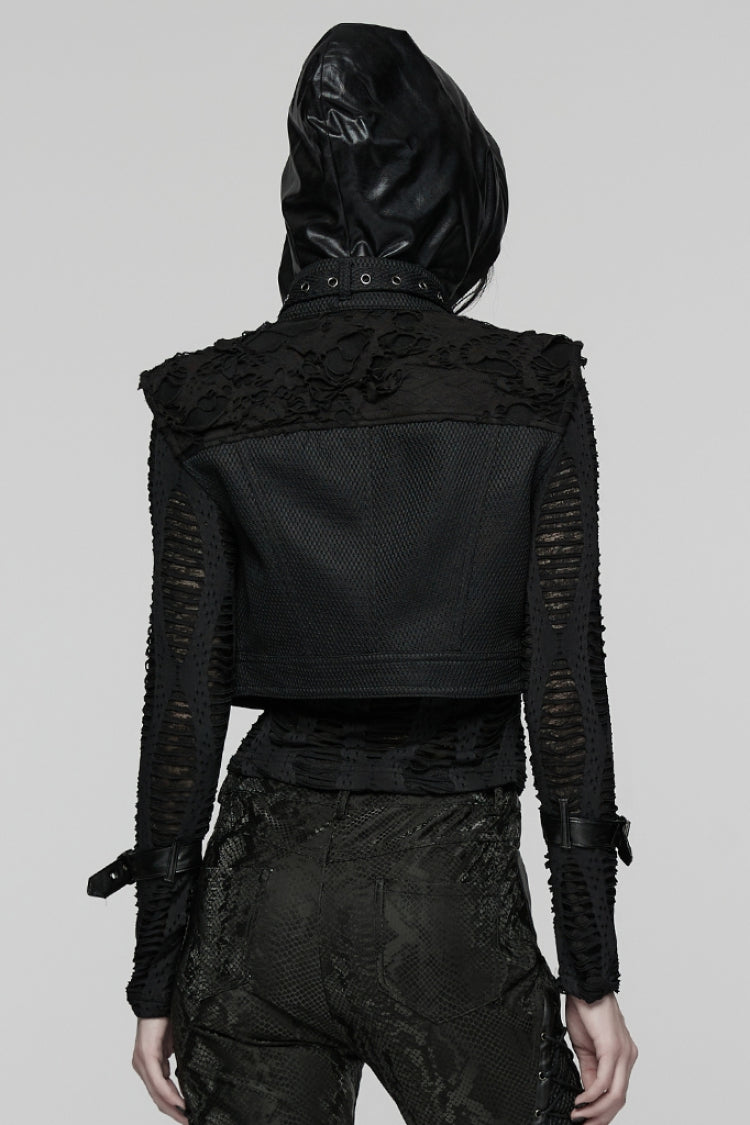 Women's Black Punk Short Vest, Ripped with Buckle Details