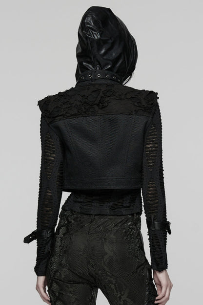 Women's Black Punk Short Vest, Ripped with Buckle Details