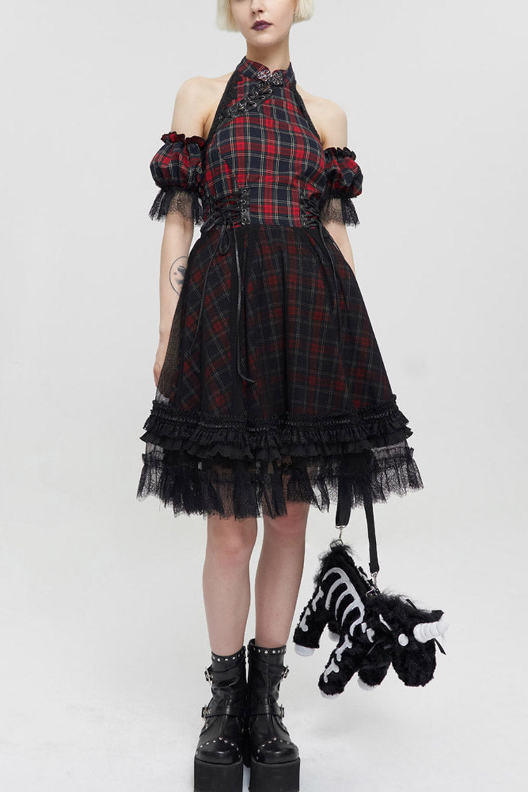 Crimson & Charcoal Punk Off-Shoulder Tartan Mandarin Collar Flared Hem Dress