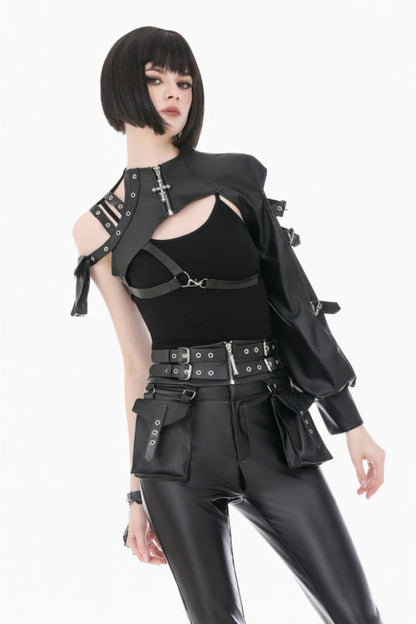 Women's Punk Leather Belt with Eyelet Buckle, Zipper and Side Pouches