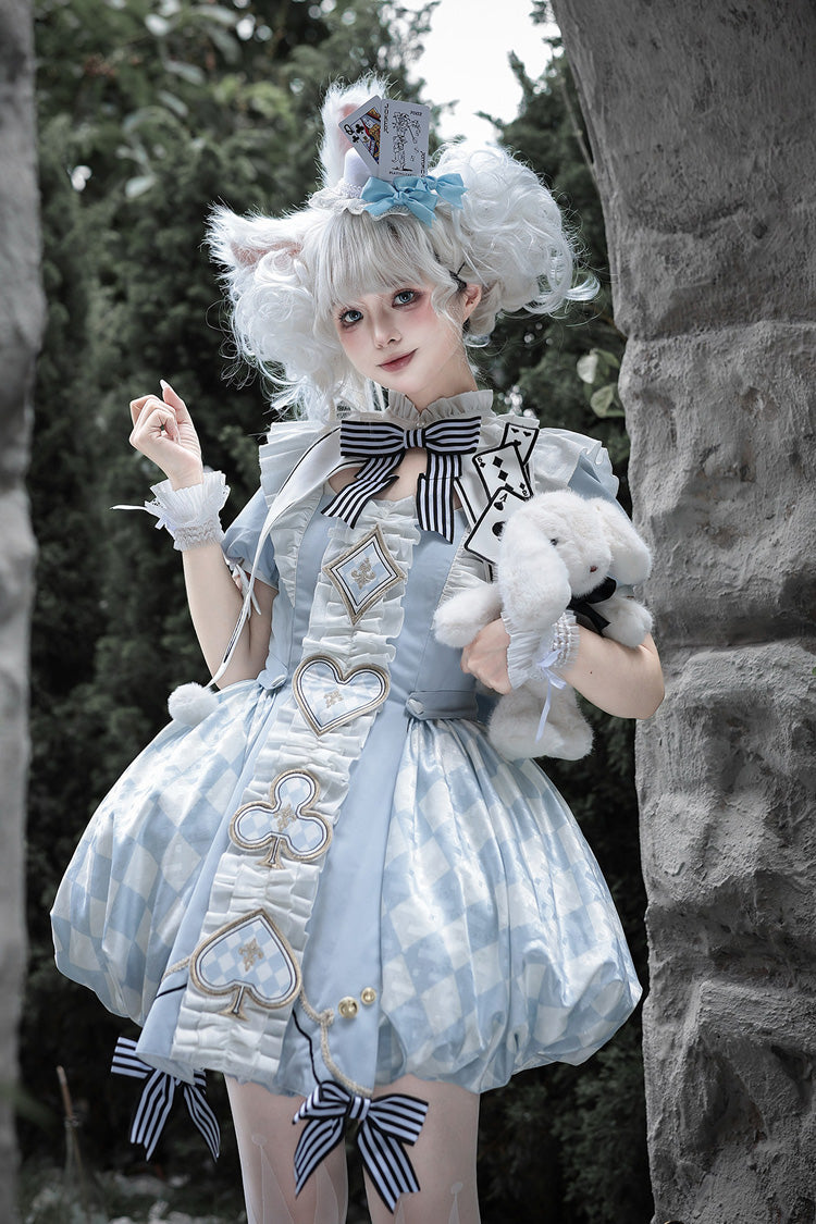 Azure Dedicated to Alice Square Collar Short Sleeve Jacquard Print Ruffled Bow Lolita Set