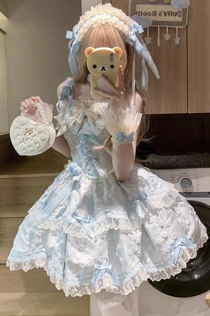 Floral Overture Double Ruffle Embroidery Bow Lace Sweet JSK