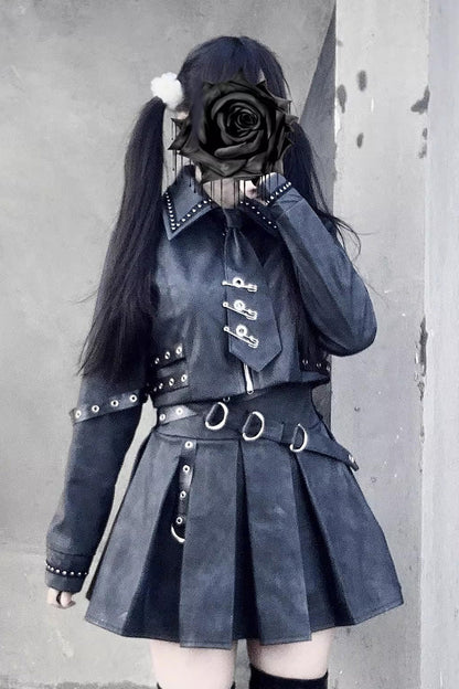 Japanese Handsome Top and Skirt Set with Studded Eyelet in Black