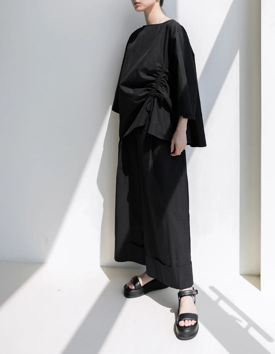 Elastic Organic Wide-Leg Waist Khaki Pants