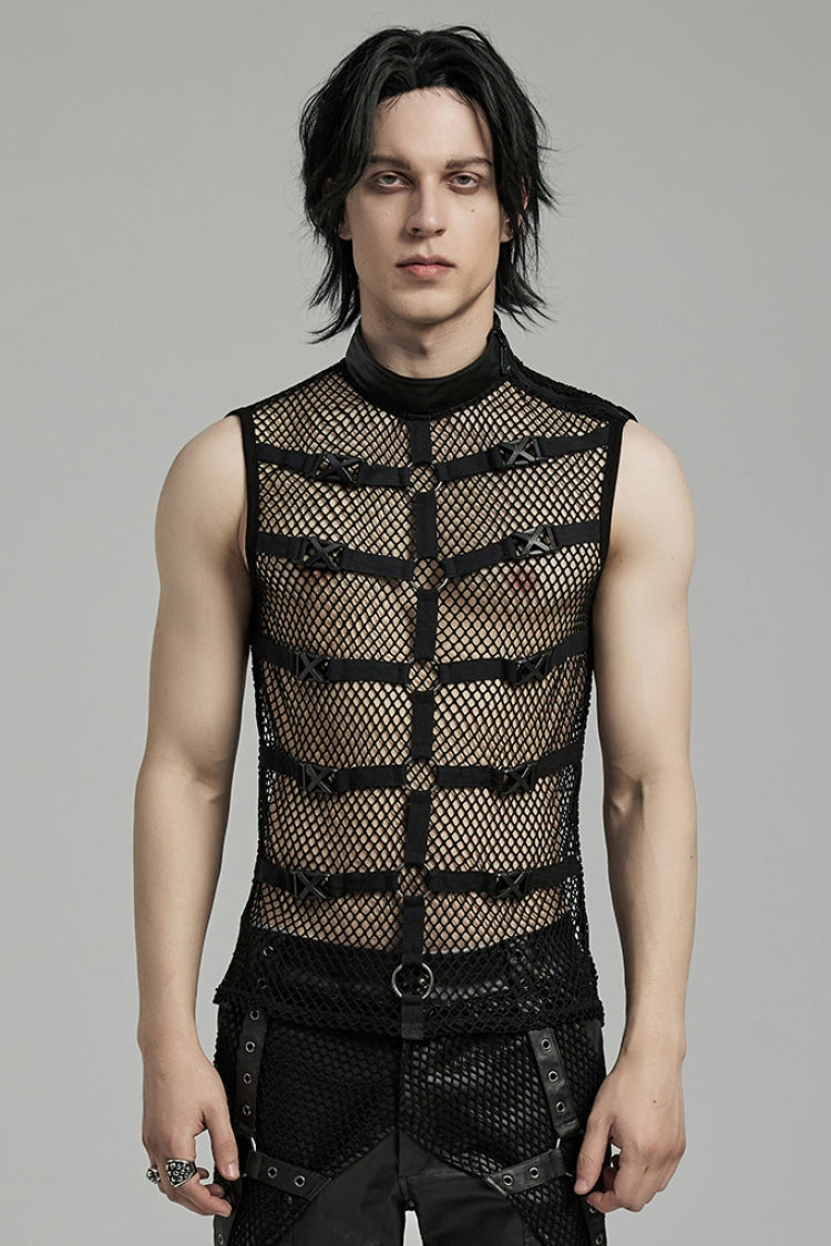 Men's Black Punk Vest, Sleeveless with Straps, Mesh and Buckle