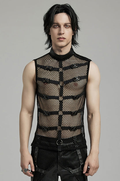 Men's Black Punk Vest, Sleeveless with Straps, Mesh and Buckle
