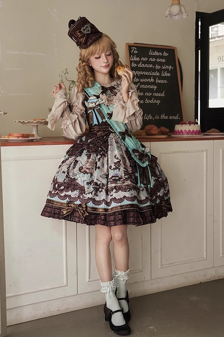 Teddy Bear Chocolate Ruffle Bow Sweet Lolita JSK Dress - Sleeveless Print