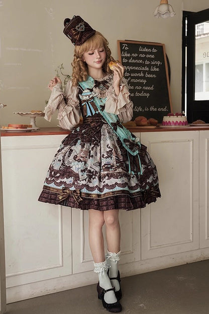Teddy Bear Chocolate Ruffle Bow Sweet Lolita JSK Dress - Sleeveless Print