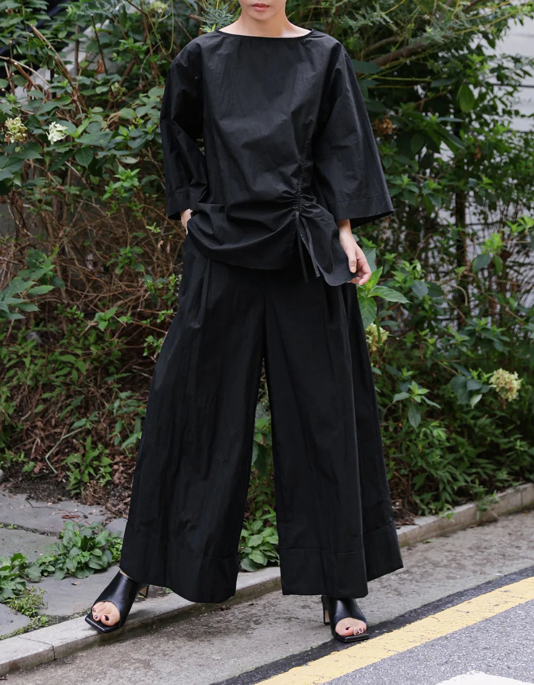 Elastic Organic Wide-Leg Waist Khaki Pants