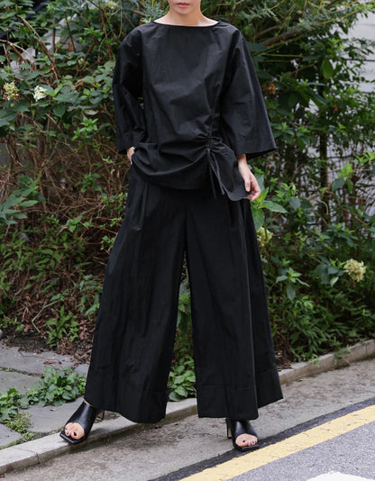 Elastic Organic Wide-Leg Waist Khaki Pants