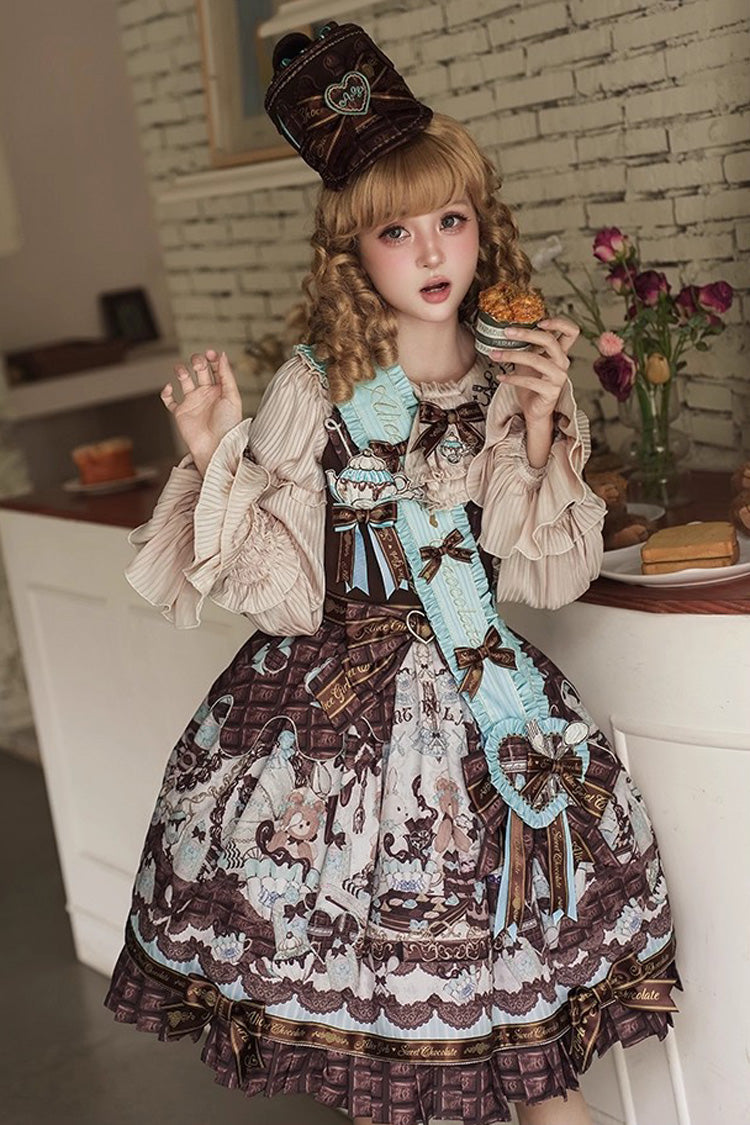 Teddy Bear Chocolate Ruffle Bow Sweet Lolita JSK Dress - Sleeveless Print