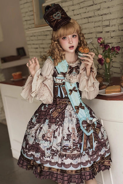 Teddy Bear Chocolate Ruffle Bow Sweet Lolita JSK Dress - Sleeveless Print