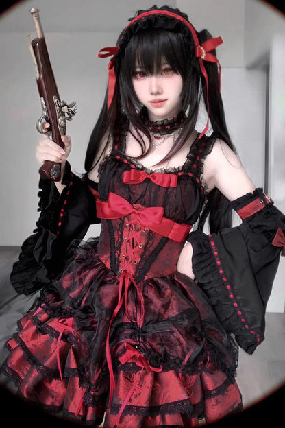 Crimson & Obsidian Sleeveless Multi-Layer Ruffle Bowknot Lace-Up Princess Lolita Jsk Dress