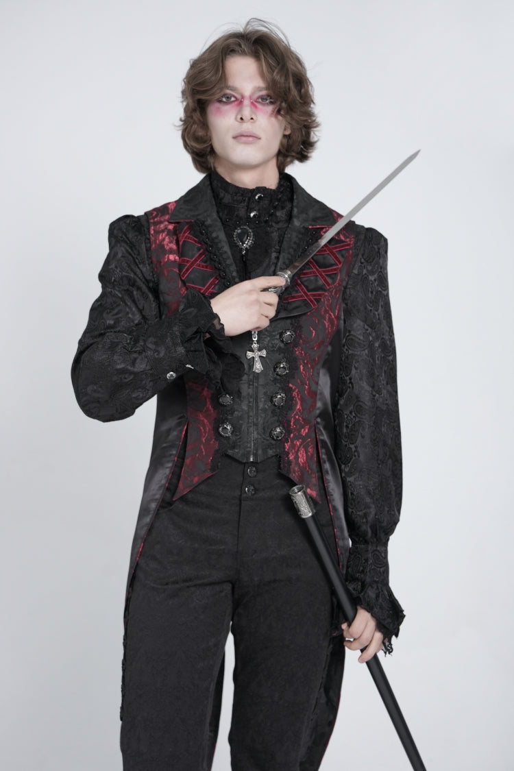 Crimson & Obsidian Sleeveless Lace-Up Zipper Swallow-Tailed Vest