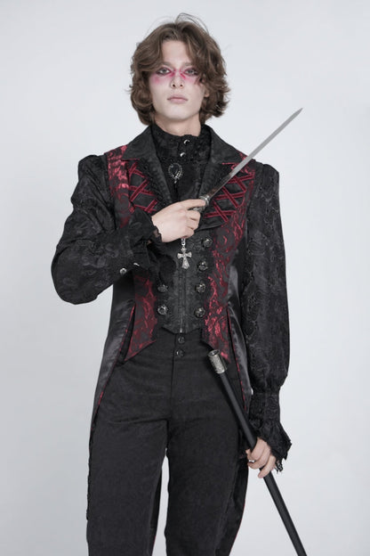 Crimson & Obsidian Sleeveless Lace-Up Zipper Swallow-Tailed Vest