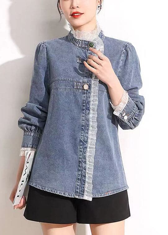 French Blue Stand Collar Asymmetrical Patchwork Lace Cotton Denim Coats Long Sleeve AJ1005