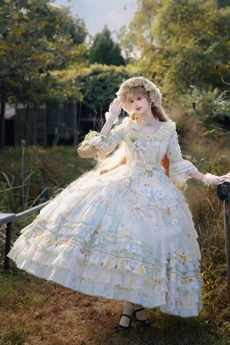 Emerald Daisy Lapel Half-Sleeve Layered Bow Lace Plus-Size Princess Dress