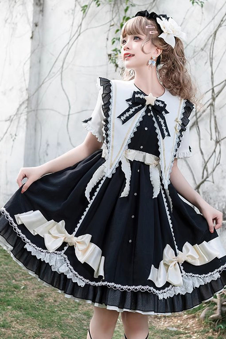 Sweet Lolita Ruffle Lace Stitch Dress with Bow