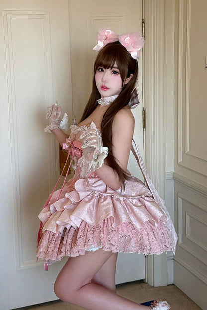 Blush Layered Ruffle Bow Lace-Up Ballerina JSK - Kitten Sweetheart