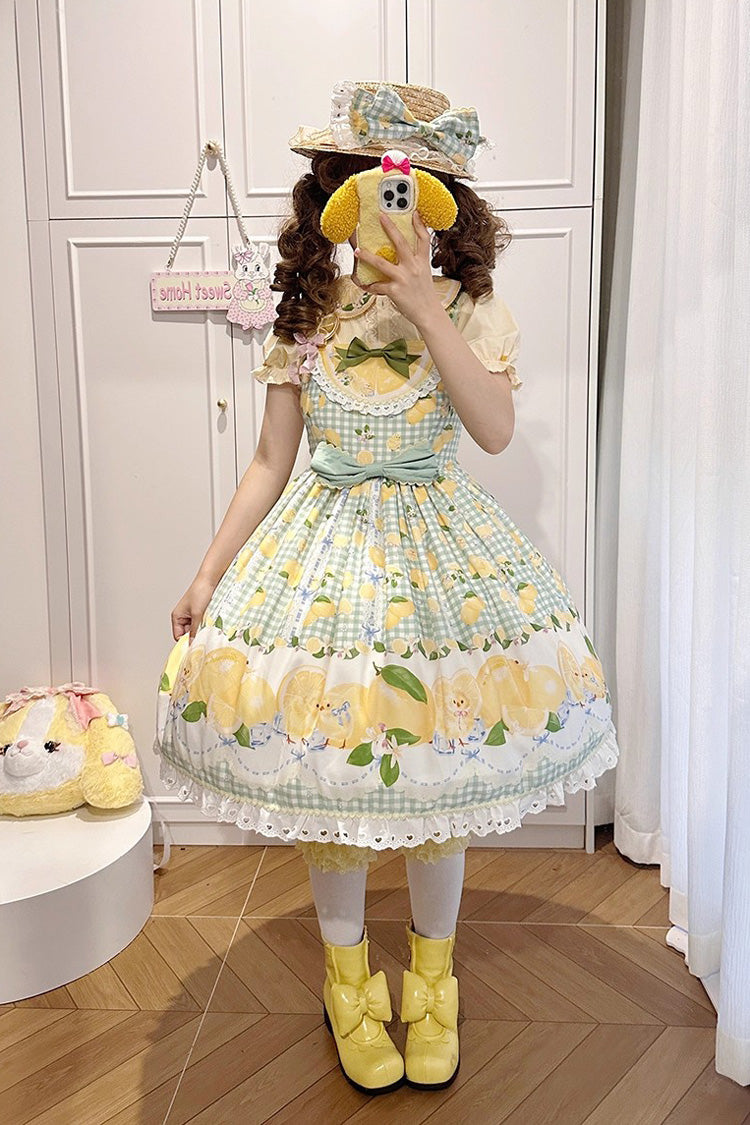 Emerald Lemon Chicken Print Ruffle Bowknot Sweet JSK Dress