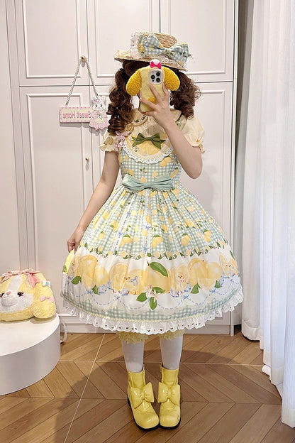 Emerald Lemon Chicken Print Ruffle Bowknot Sweet JSK Dress