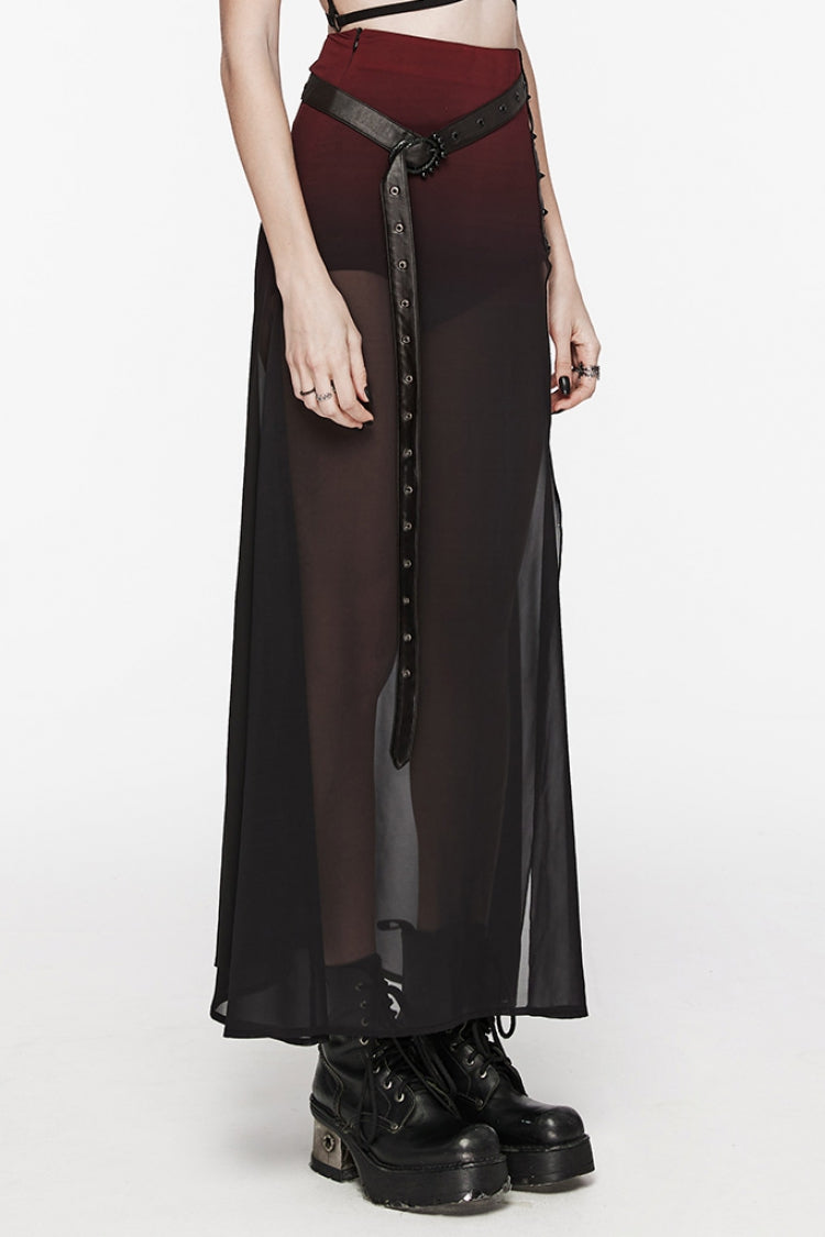 Crimson & Charcoal Studded Asymmetrical Goth Midi Skirt with Waist Chain