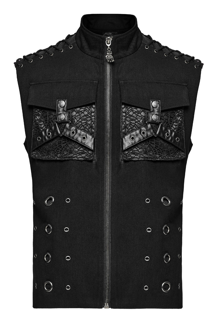 Slim-Fit Black Gothic Vest, Mandarin Collar with Stitch Detailing for Men