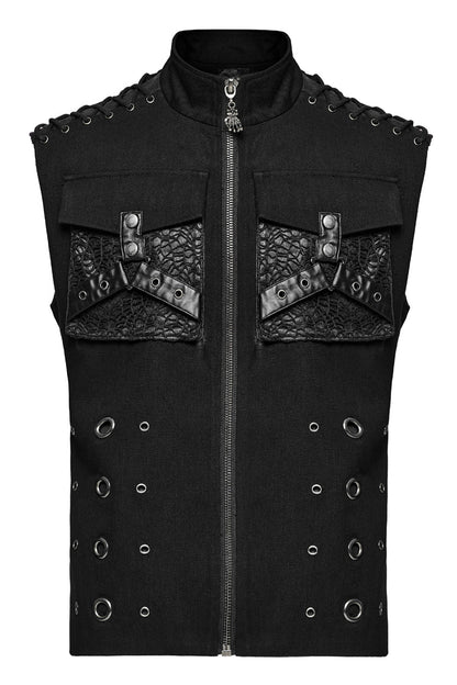 Slim-Fit Black Gothic Vest, Mandarin Collar with Stitch Detailing for Men