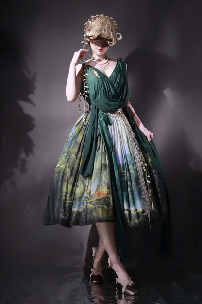 Emerald Grace Favor V-Neck Sleeveless Oil-Painting Printed JSK