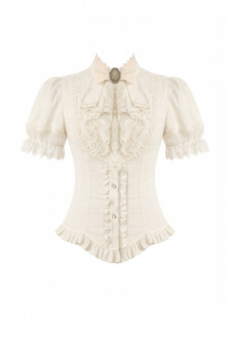 Gothic Women's Blouse with Puff Sleeves, Sheer Lace-Up & Detachable Bow