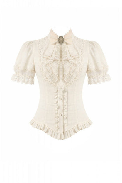 Gothic Women's Blouse with Puff Sleeves, Sheer Lace-Up & Detachable Bow