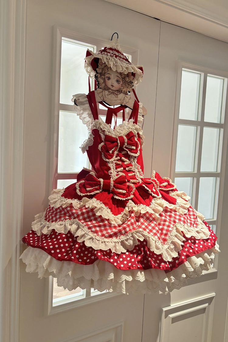 Crimson Halterneck Sweet Lolita JSK Set with Polka Dots and Ruffles