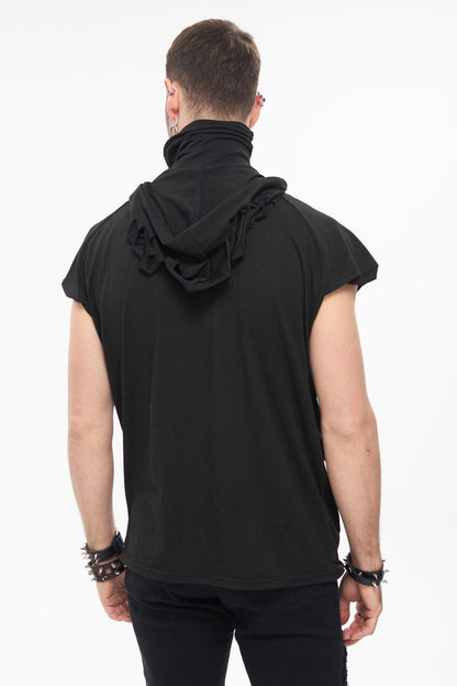Hooded Punk Tee with Skull Print and Mask