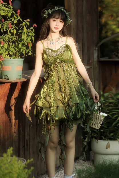 Emerald Leaf Decoration Ruffle Asymmetric Sweet Lolita Jumper Dress Set