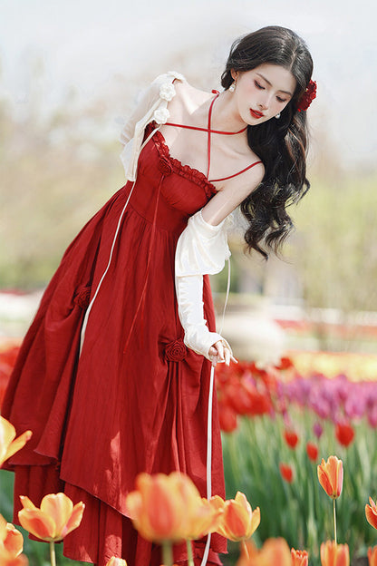 Crimson Classic Lolita JSK Dress with Double-Layered Ruffles and Rose Motif