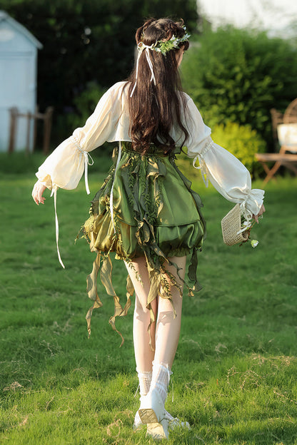Emerald Leaf Decoration Ruffle Asymmetric Sweet Lolita Jumper Dress Set