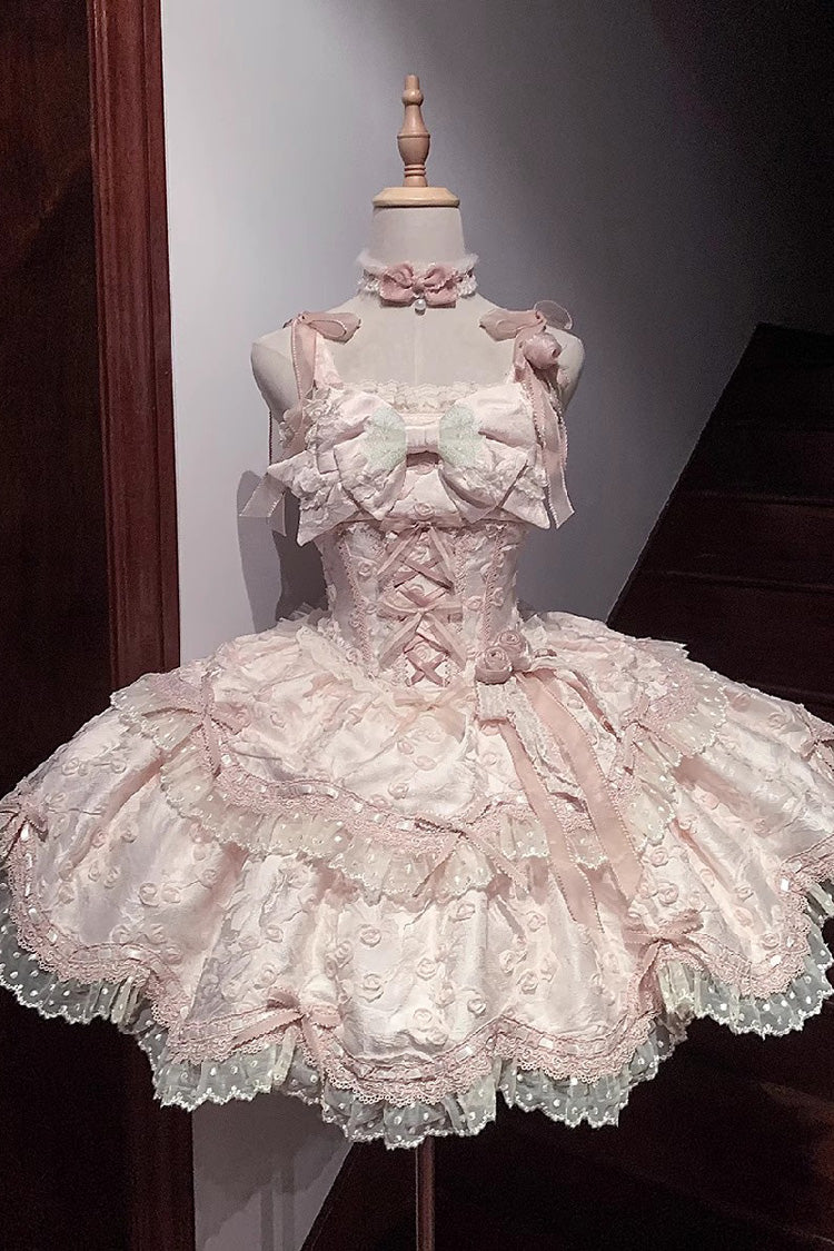 Blush Double-Layered Ruffle Embroidered Bow Lace Sweet JSK - Floral Overture
