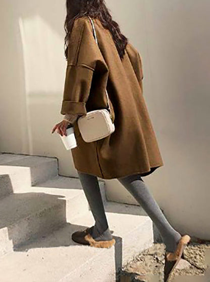 Elegant Loose Khaki Notched Collar Buttoned Pockets Long Sleeves Woolen Coat WS013