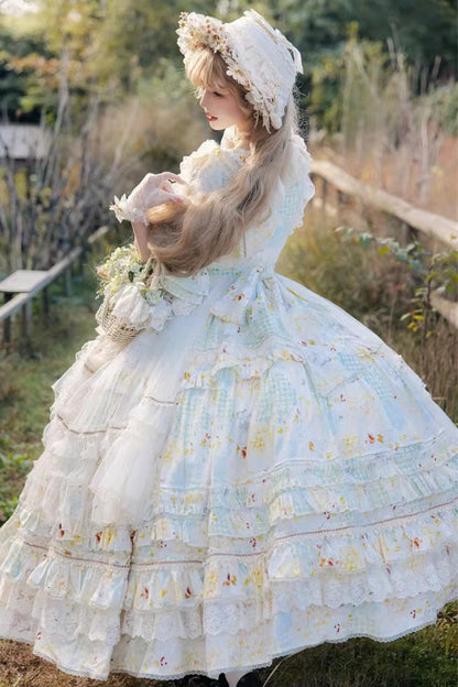 Emerald Daisy Lapel Half-Sleeve Layered Bow Lace Plus-Size Princess Dress