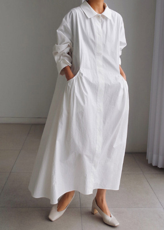 Pan Peter Long Cotton Sleeve Button Boutique Collar Dress White